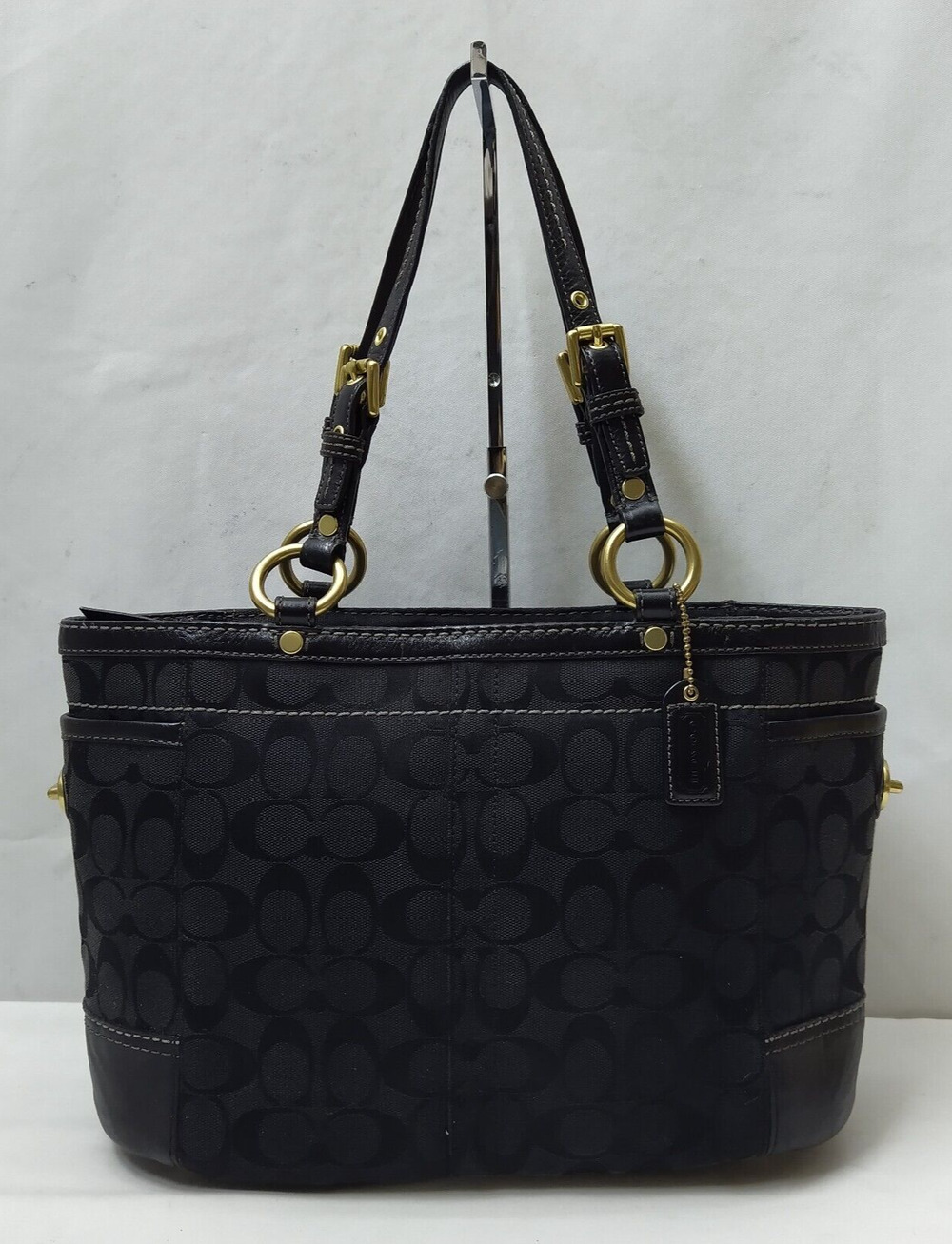 Coach Signature Black Canvas Turnlock Pocket Zipper Tote Shoulder Bag